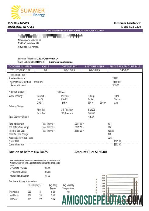 realista Modelo de fatura de serviços públicos fácil de preencher nos EUA Texas Summer Energy em formatos Word e PDF
